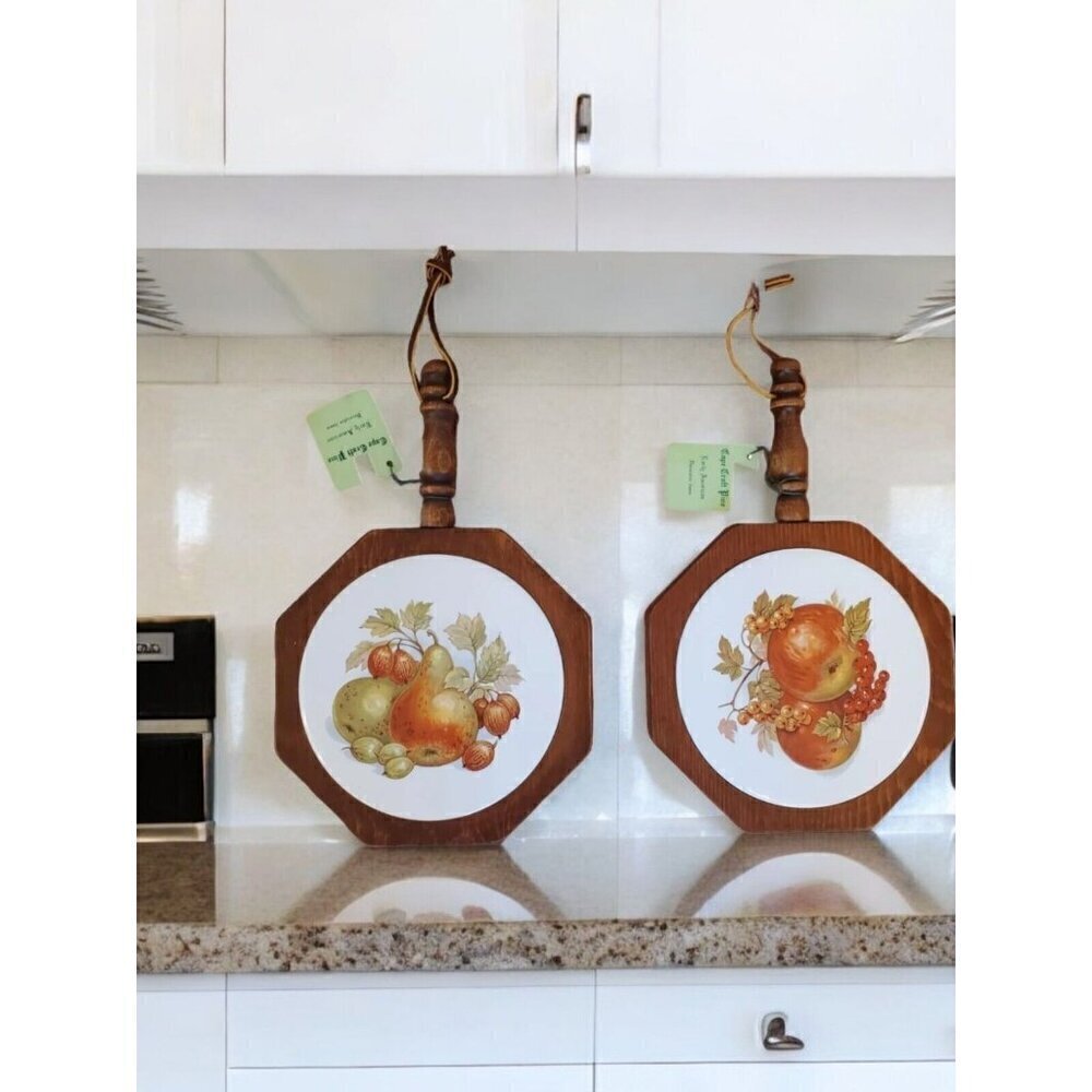 Vintage MCM Trivet Inset Tile In Pine‎ Wood Wall Hanging Fruit 11"×7.25" EUC